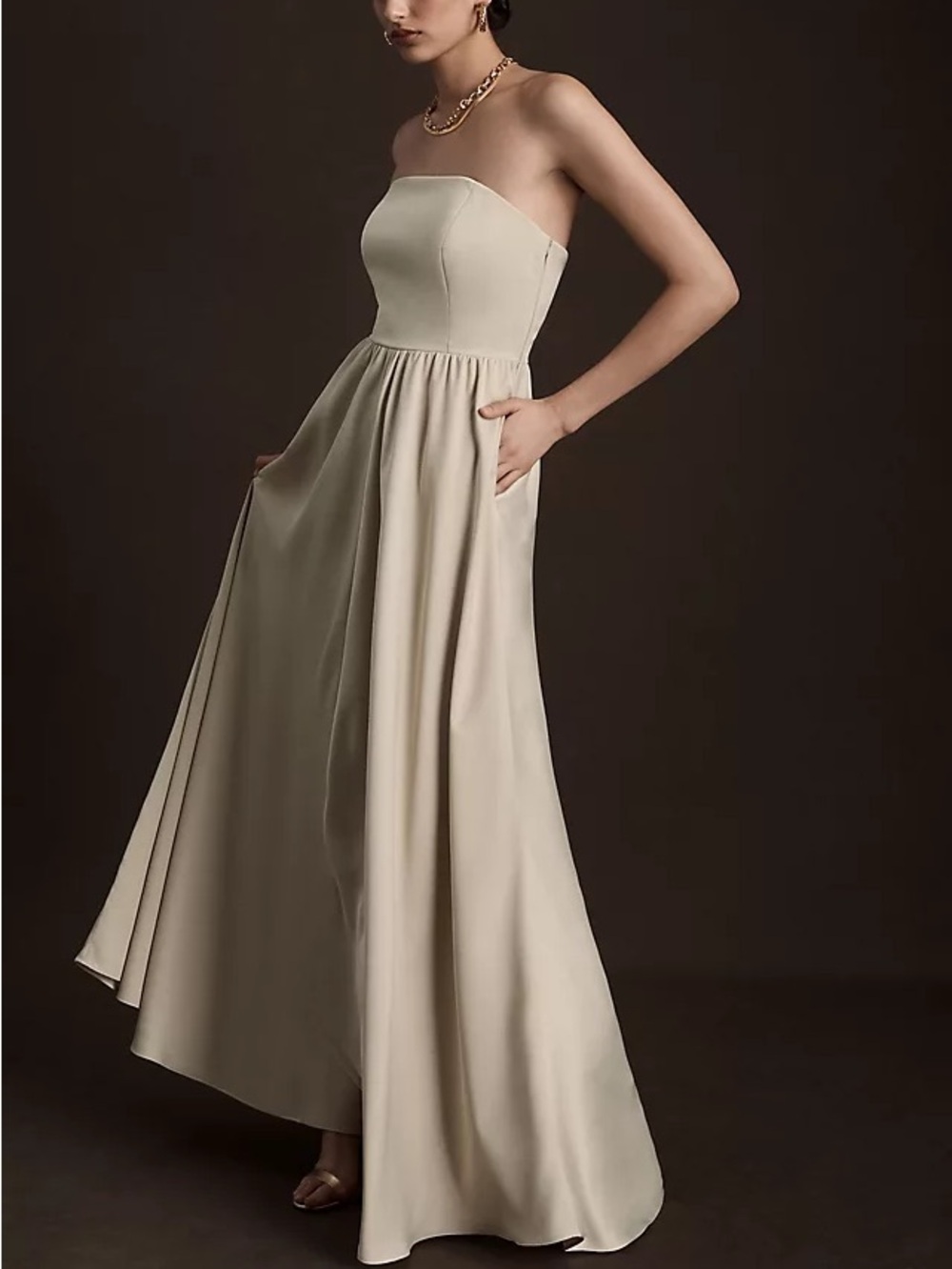 NWT BHLDN Elsie Straight-Neck Satin A-Line Gown Champagne